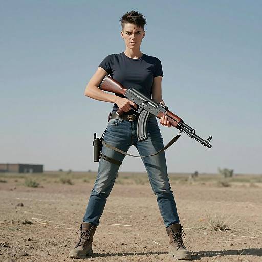 Confident Woman with AK-47 Rifle in Desert Tactical Outfit