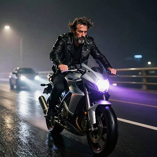 Man Riding Silver Motorcycle at Night Dressed in Leather Jacket