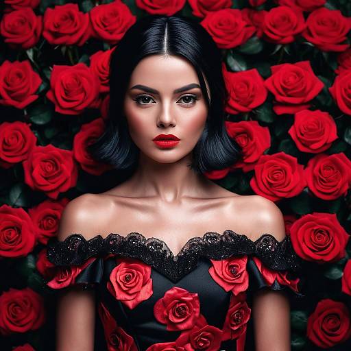 Elegant Woman with Red Roses and Black Dress Portrait
