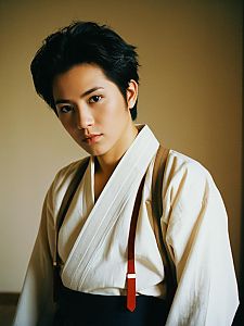 Portrait of Man in Traditional Japanese Style Outfit with Suspenders