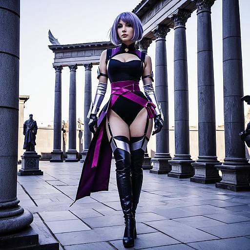 Futuristic Purple Hair Woman Cosplay in Classical Columned Architecture