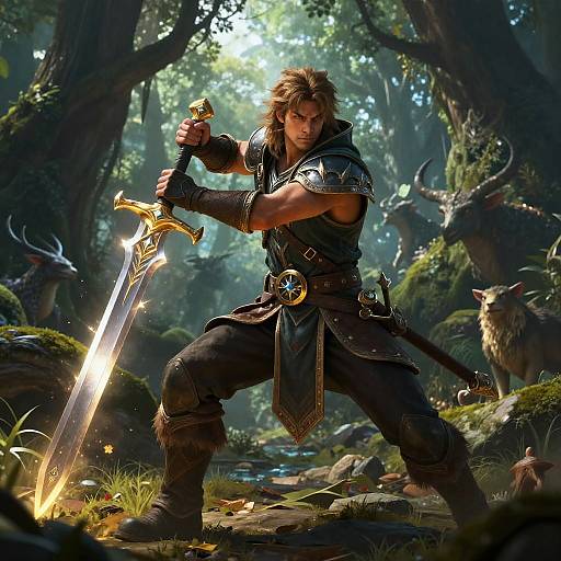 Heroic Man with Glowing Sword in Enchanted Forest Fantasy Scene