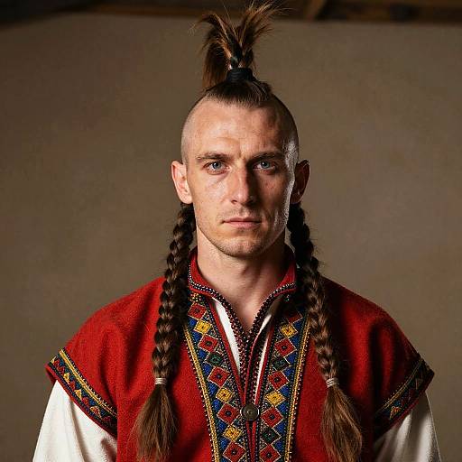 Gen Z Man with Traditional Eastern European Embroidered Outfit and Braided Hairstyle