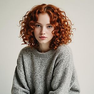 Young Woman with Red Hair in Grey Sweater
