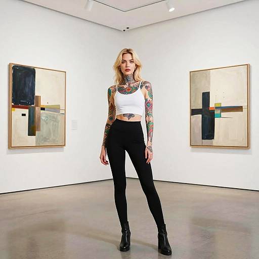 Tattooed Woman in Modern Art Gallery Wearing White Crop Top and Black Leggings