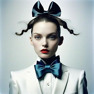 Woman in White Blazer with Blue Satin Bow