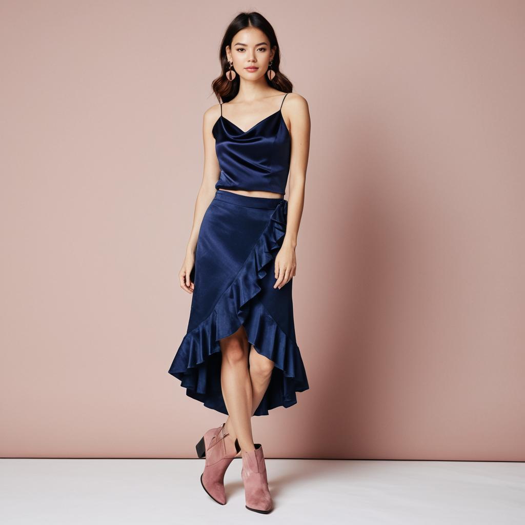 Elegant Navy Blue Satin Two-Piece Outfit with Ruffled Skirt and Pink Ankle Boots