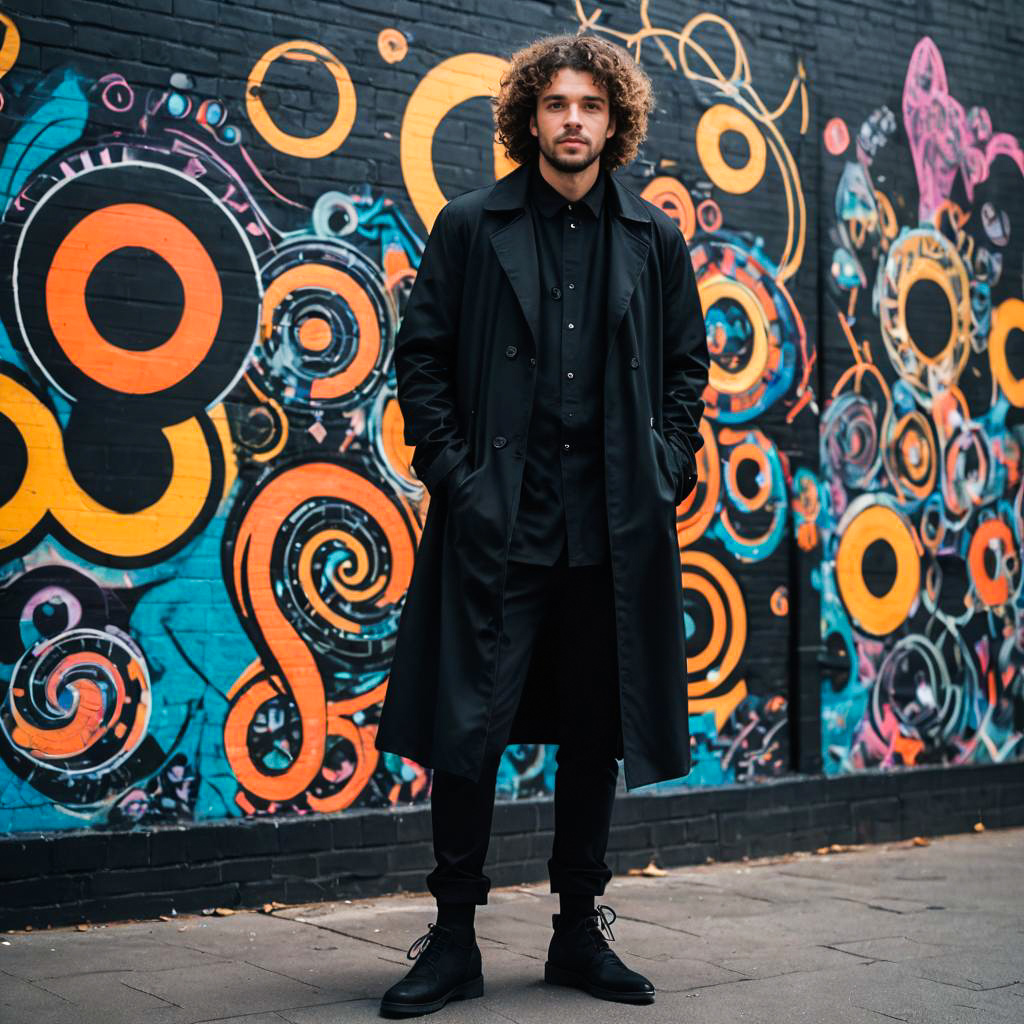 Confident Man in Black Attire Against Colorful Mural