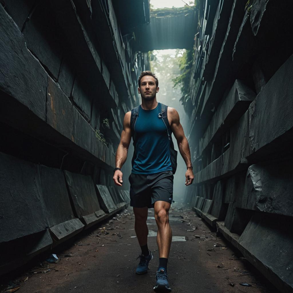 Confident man walking through a narrow alley