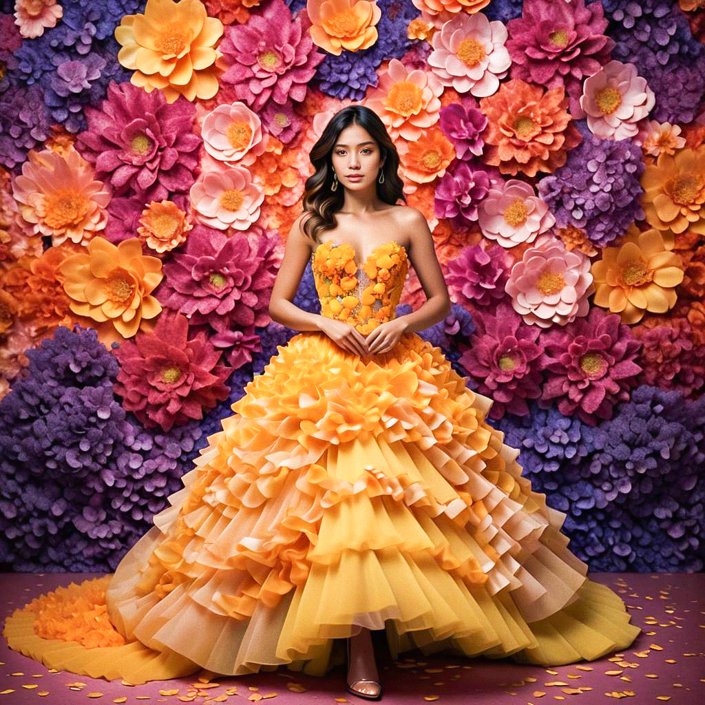 Elegant Woman in Yellow Gown Surrounded by Colorful Flowers Elegant Woman in Yellow Gown Surrounded by Colorful Flowers