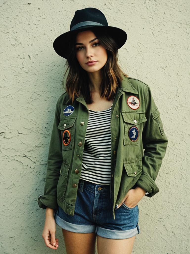 Young Woman in Military Jacket and Wide-Brim Hat Casual Street Style