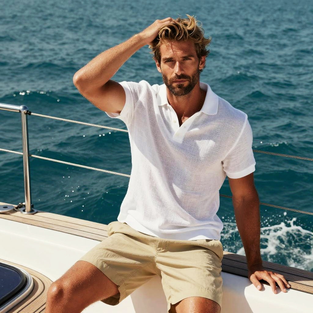 Man in White Polo Shirt and Beige Shorts on Yacht by the Sea
