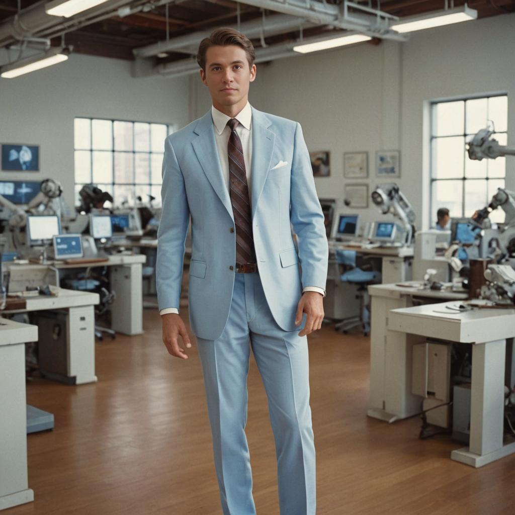 Stylish Man in Light Blue Suit in Tech Workshop