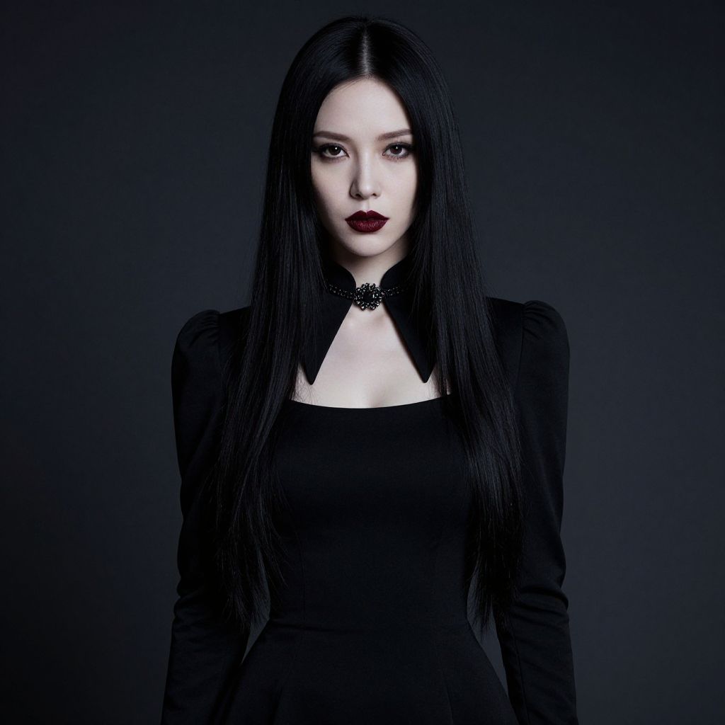 Gothic Style Portrait of Woman with Long Black Hair and Dark Makeup