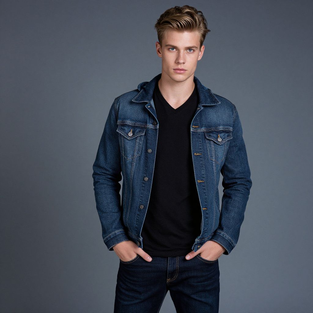 Young Man in Denim Jacket and Jeans Casual Fashion Portrait