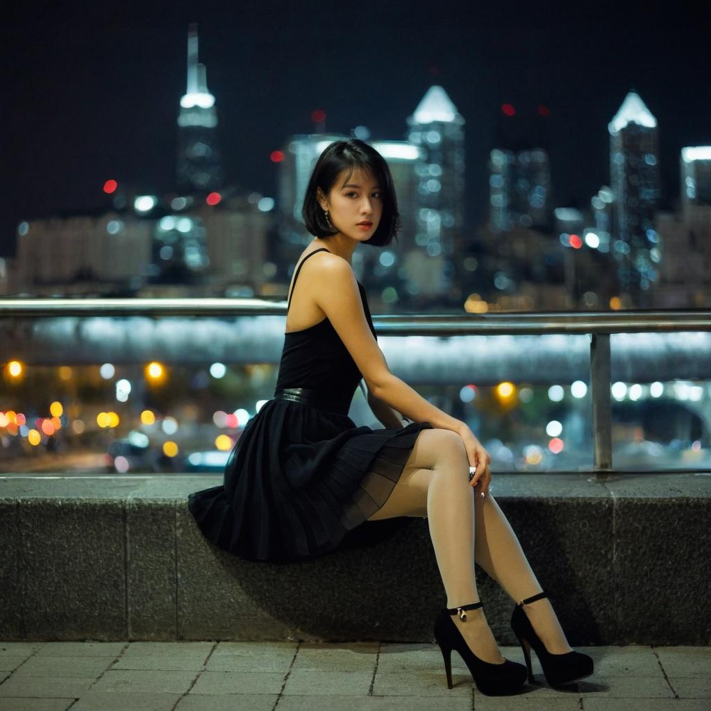Elegant Woman in Black Dress Sitting by Urban Night Skyline