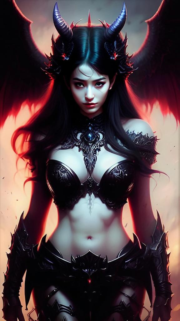 Dark Fantasy Woman with Horns and Demonic Wings in Gothic Armor