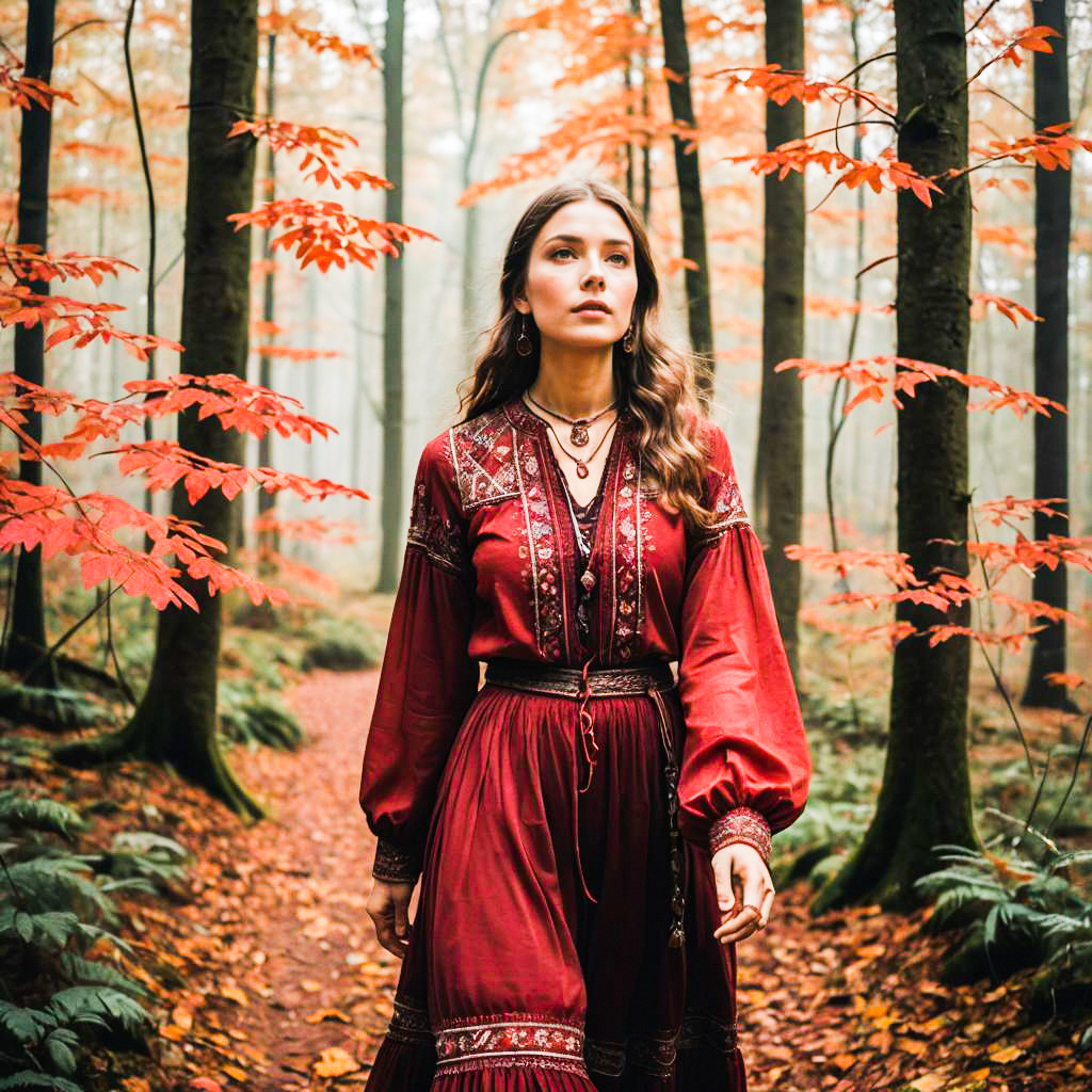 Woman in Red Dress in Misty Autumn Forest