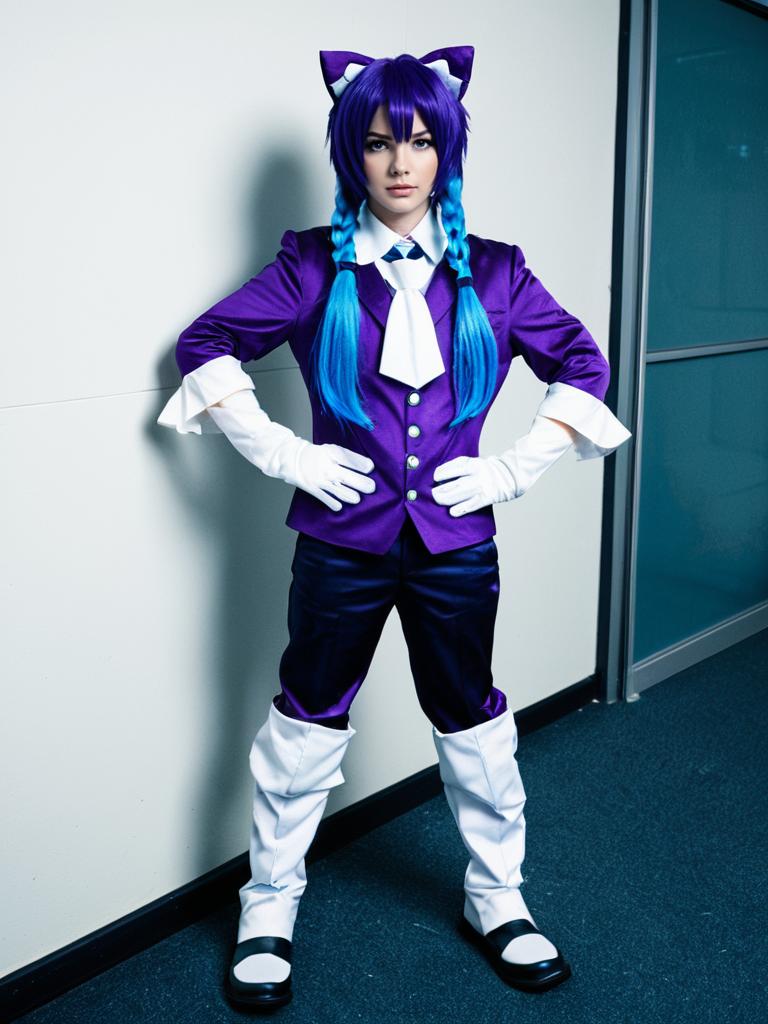 Hacka Doll Cosplay Woman in Purple Costume with Blue Braided Hair