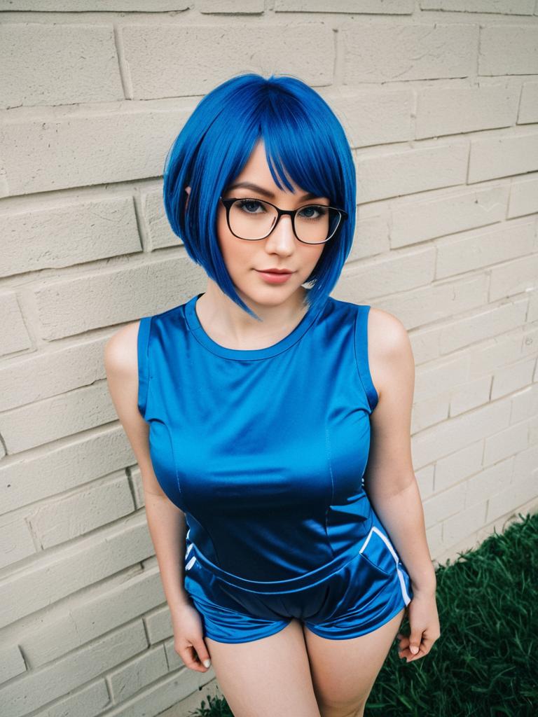 Woman with Blue Hair and Glasses in Blue Athletic Outfit by Brick Wall