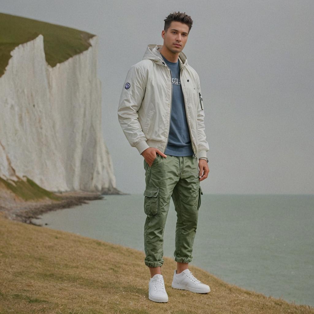 Man in Casual Attire at White Cliffs of Dover