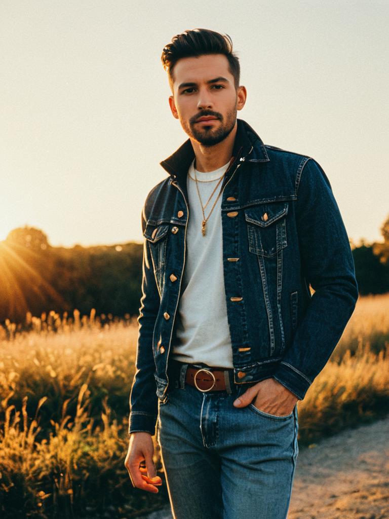 Man in Stylish Jeans Outfit Photorealistic Outdoor Portrait at Golden Hour