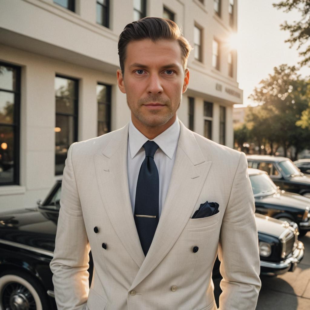 Stylish Man in Cream Suit with Vintage Cars