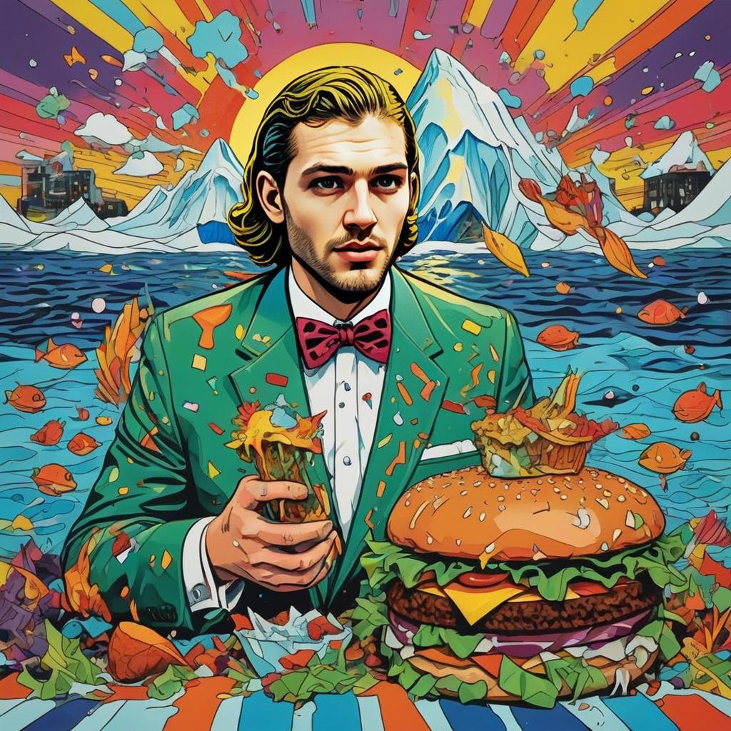 Well-Dressed Man in Green Suit Holding Burger in Surreal Landscape Well-Dressed Man in Green Suit Holding Burger in Surreal Landscape