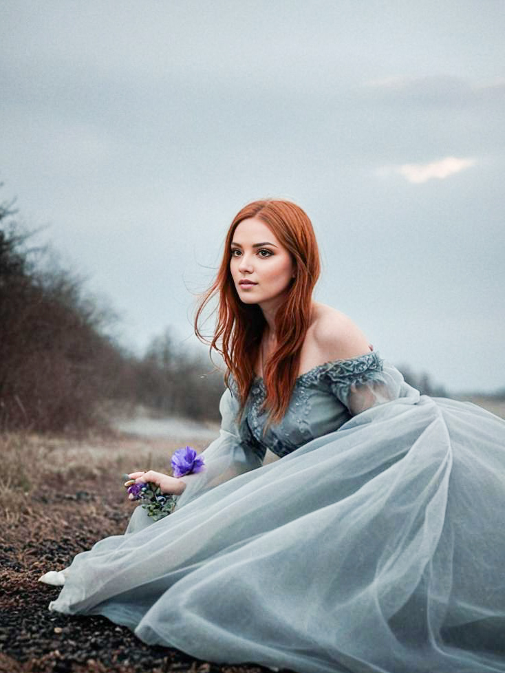 Woman in Gray Gown with Purple Flower