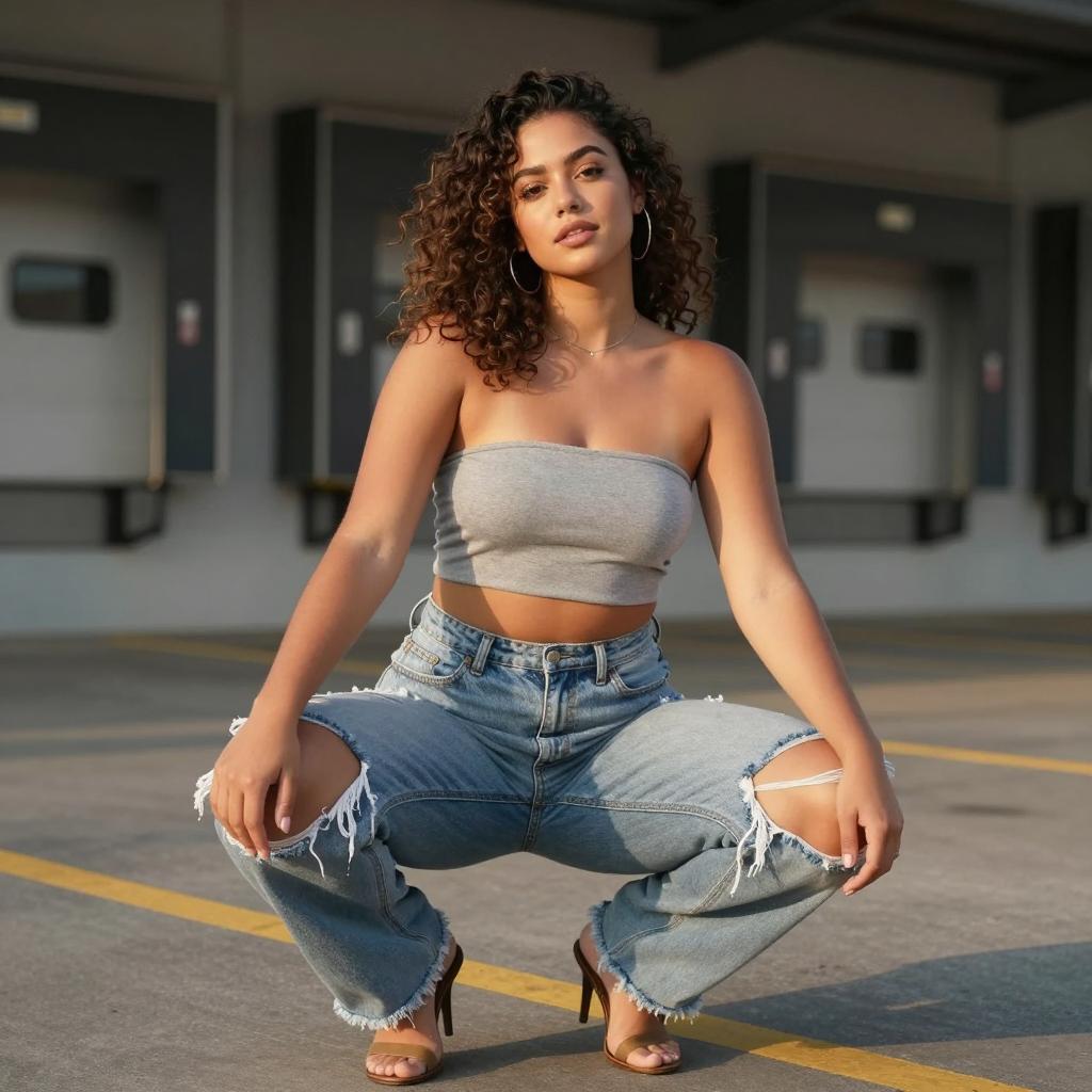 Trendy Gen Z Woman in Ripped Jeans and Tube Top Urban Fashion