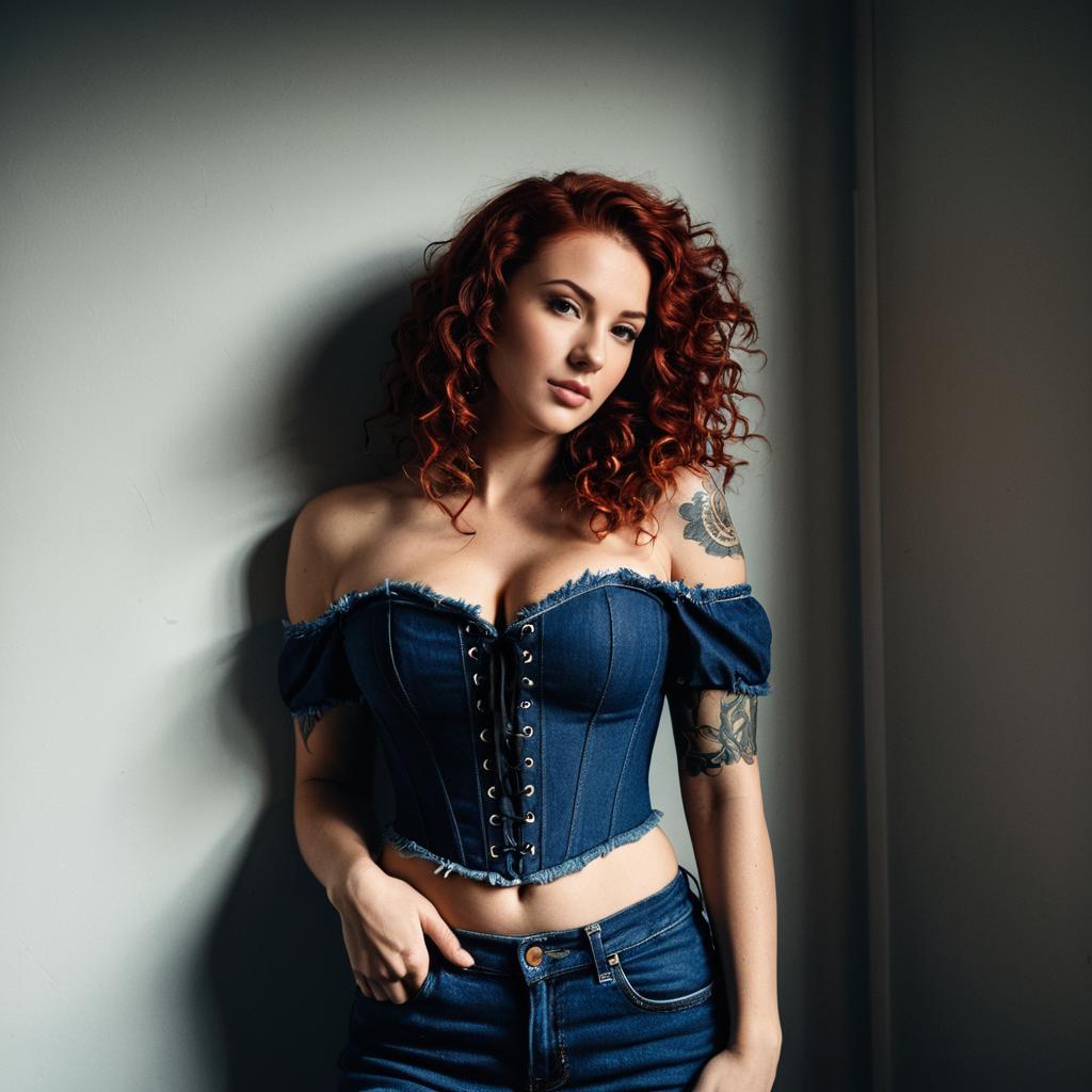 Stylish Woman in Denim Corset and Jeans with Red Curly Hair