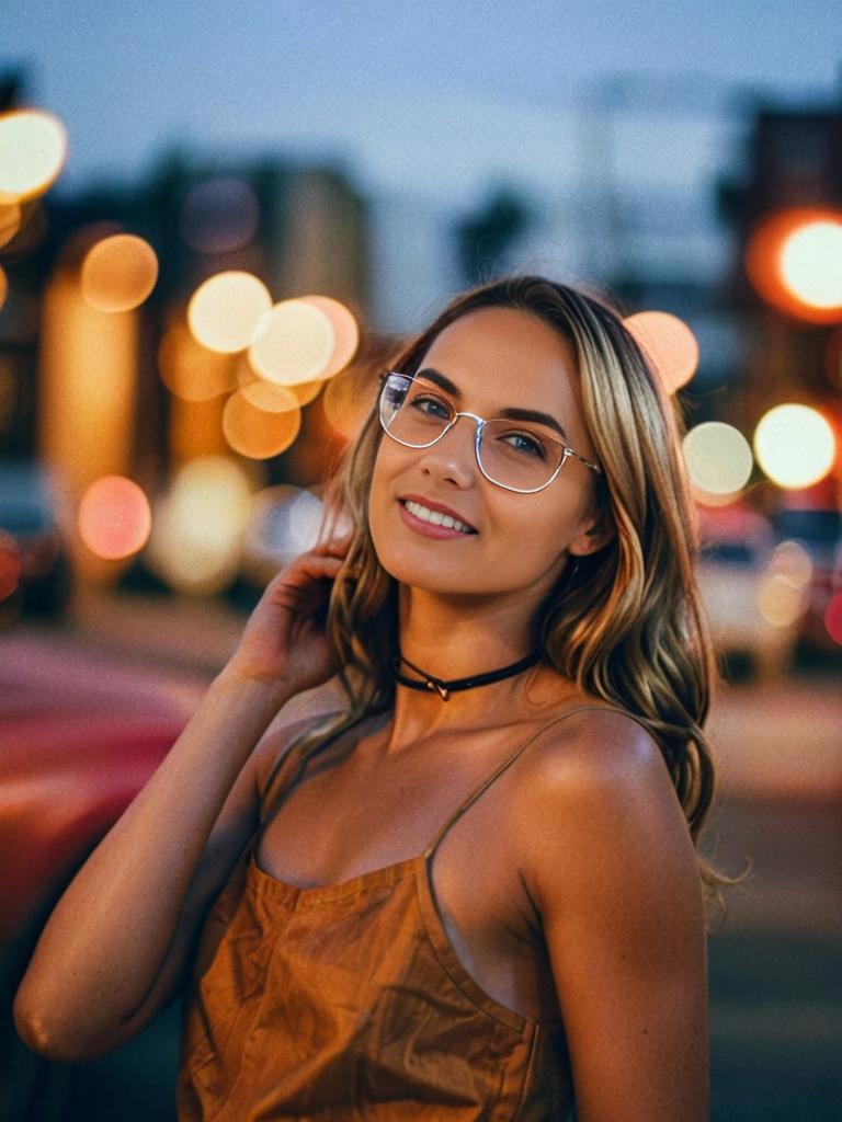 Confident Young Woman in Stylish Outfit at Twilight