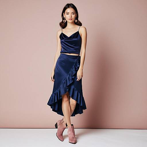 Elegant Navy Blue Satin Two-Piece Outfit with Ruffled Skirt and Pink Ankle Boots