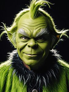 Man in Detailed Grinch Costume with Green Makeup and Fur Trim