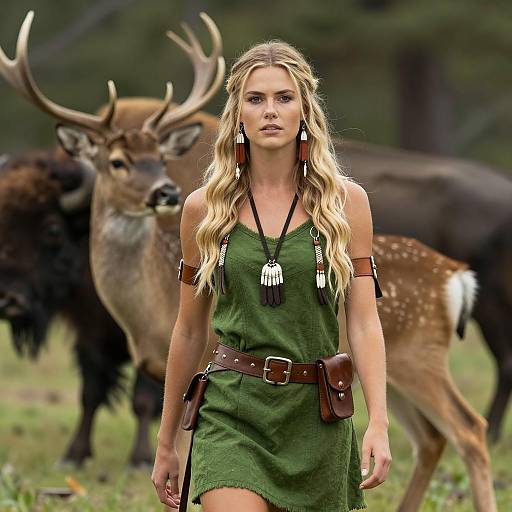 Woman in Green Dress with Tribal Accessories Among Deer and Bison in Nature