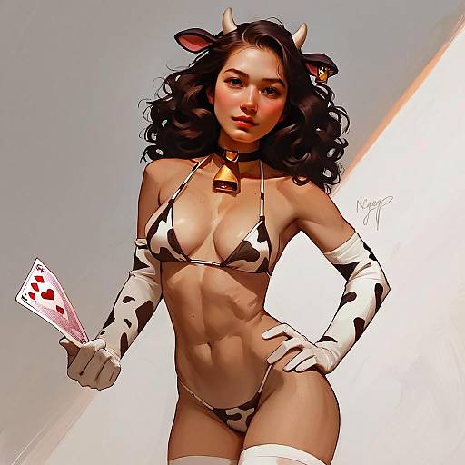 Cow-Themed Bikini Woman Holding Playing Card Digital Art Illustration