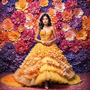 Elegant Woman in Yellow Gown Surrounded by Colorful Flowers