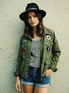 Young Woman in Military Jacket and Wide-Brim Hat Casual Street Style