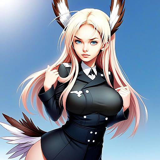 Anime Style Young Woman in Black Military Uniform with Feathered Accents