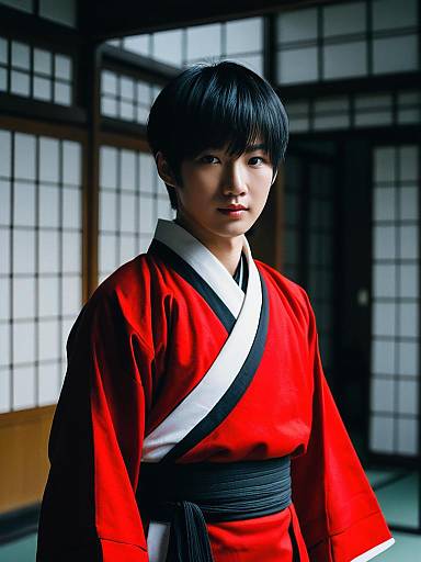 Kakegurui Style Male Costume Red Kimono with Black Obi Indoor Portrait