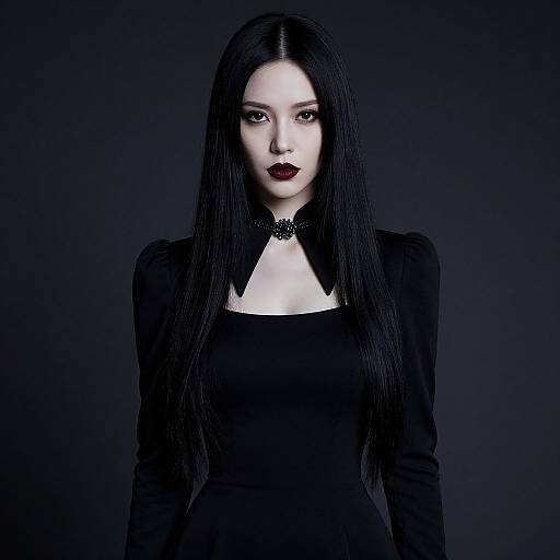 Gothic Style Portrait of Woman with Long Black Hair and Dark Makeup