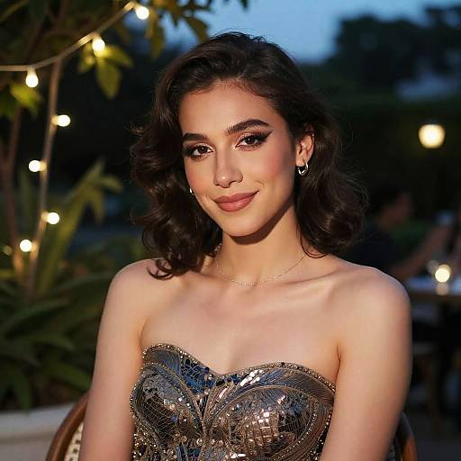 Elegant Young Woman in Metallic Dress Outdoors at Twilight