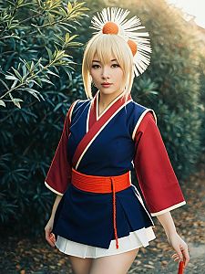 Realistic Temari Cosplay Woman in Blue and Red Kimono Outfit