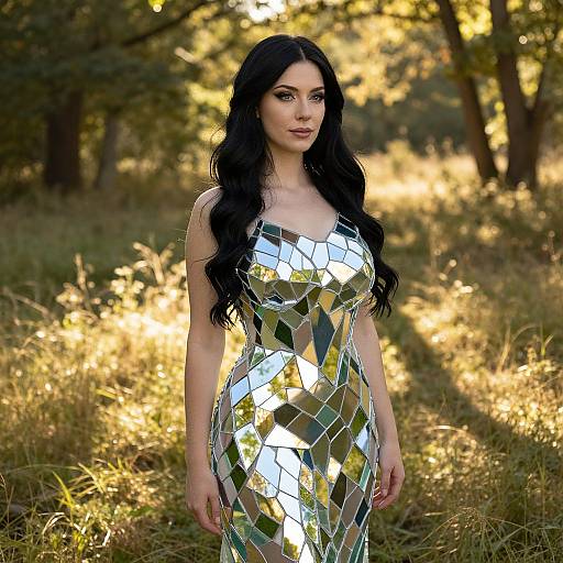 Woman Wearing Reflective Mosaic Mirror Dress in Forest