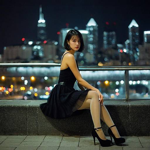 Elegant Woman in Black Dress Sitting by Urban Night Skyline