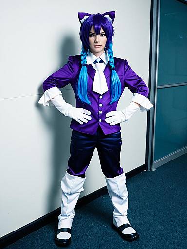 Hacka Doll Cosplay Woman in Purple Costume with Blue Braided Hair