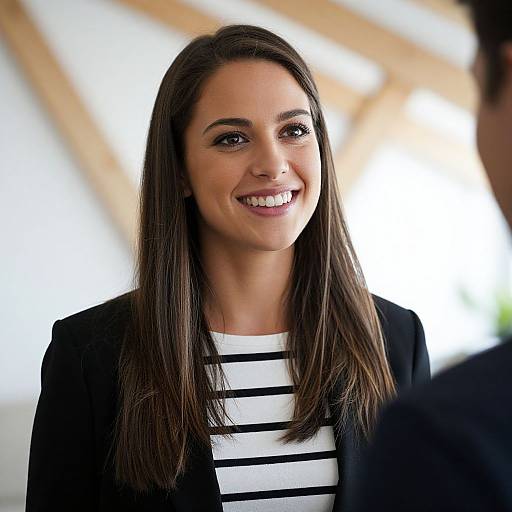Smiling Professional Woman in Business Casual Outfit Engaged in Conversation