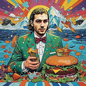 Well-Dressed Man in Green Suit Holding Burger in Surreal Landscape