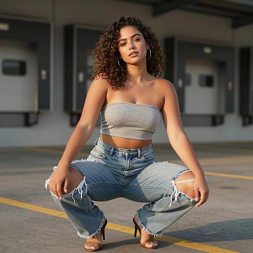 Trendy Gen Z Woman in Ripped Jeans and Tube Top Urban Fashion