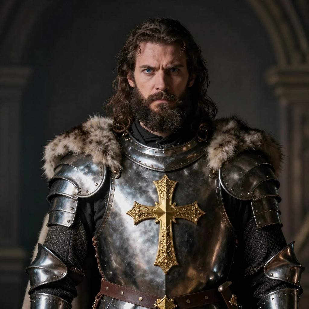 Medieval Knight Wearing Ornate Armor with Golden Cross